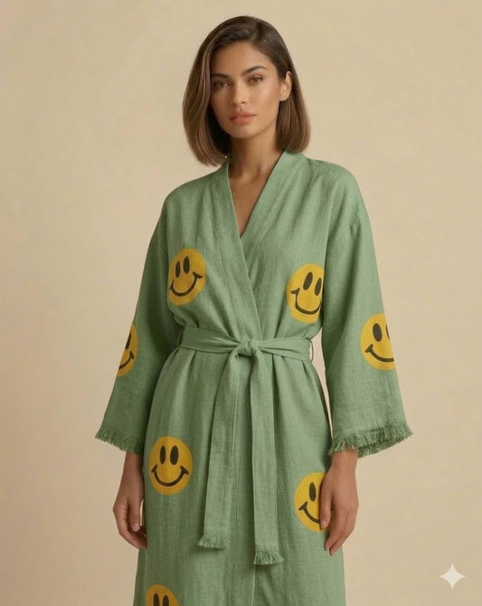 Smiley Face Linen Robe – Women’s Long Kimono Robe with Belt