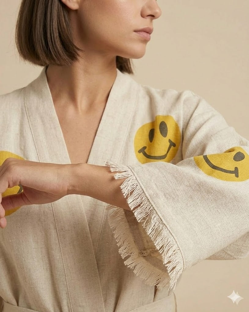 Cream Cotton Smiley Face Print Wrap KIMONO Dress