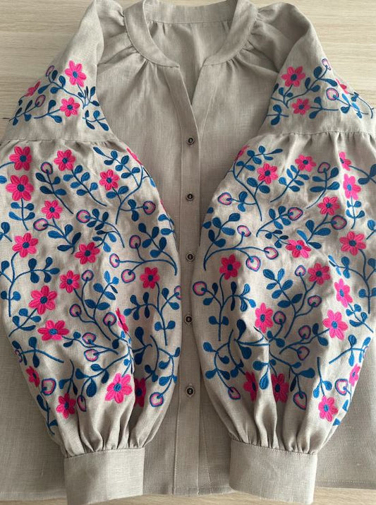 Beige Linen Hot Pink & Blue Floral Embroidered Blouse | Boho Puff Sleeve Button-Up Top | Folk Art Cottagecore Shirt for Women | Vibrant Botanical Style