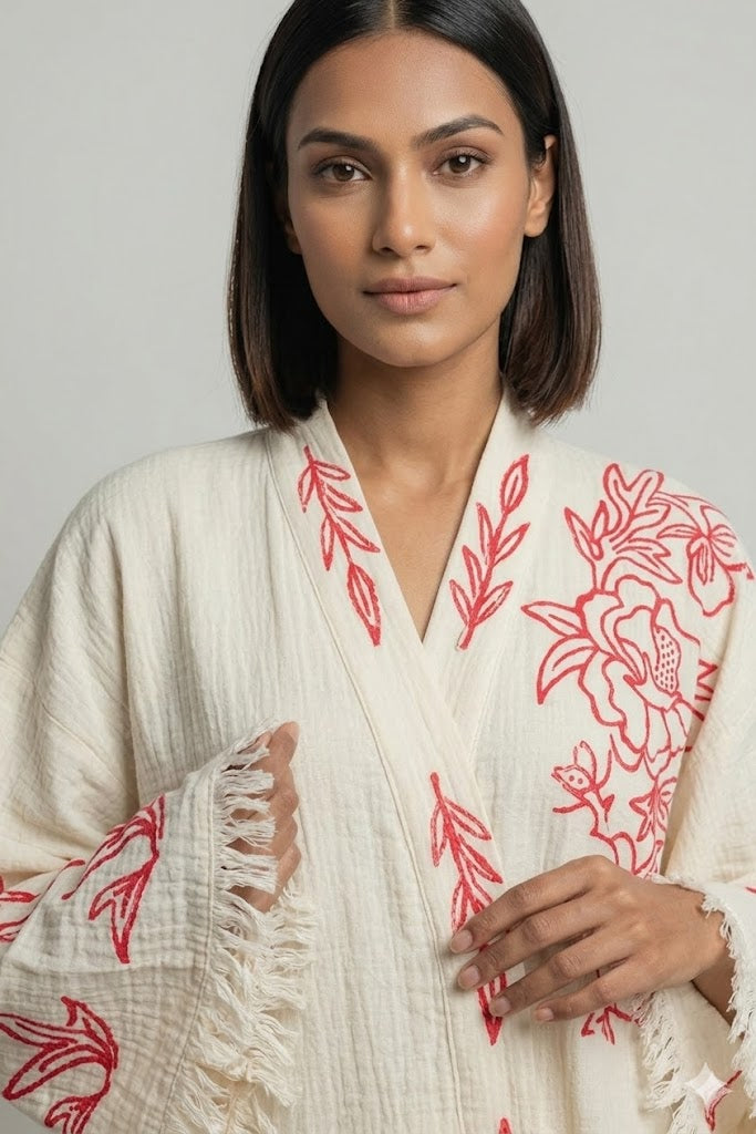 Cream Cotton Red Floral Embroidered Kaftan Dress