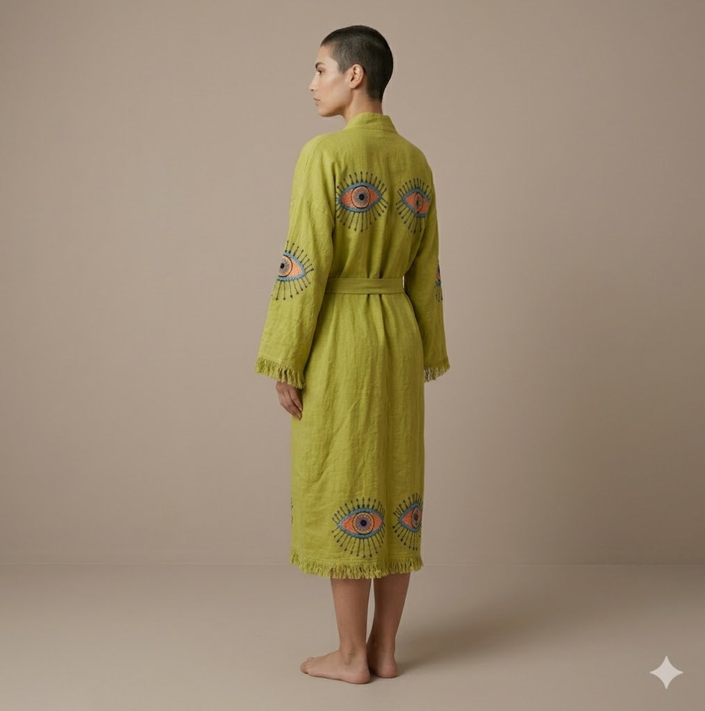 Lime Green Cotton Evil Eye Embroidered Wrap KIMONO Dress