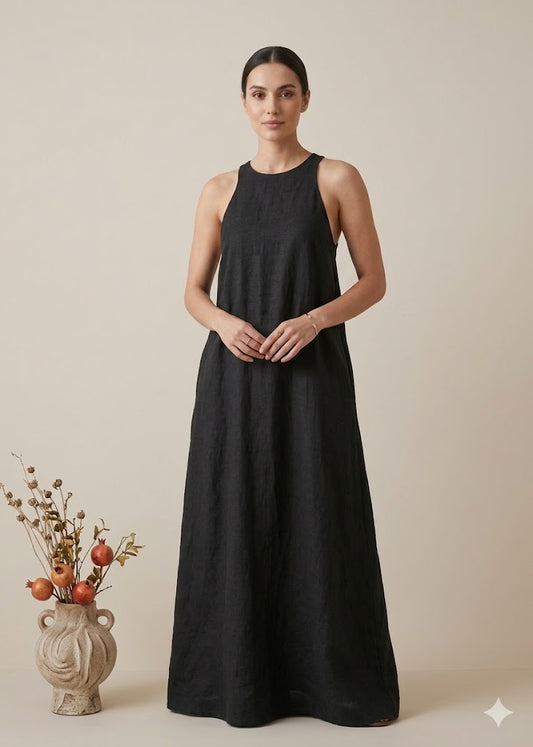 Black Sleeveless Linen Maxi Dress