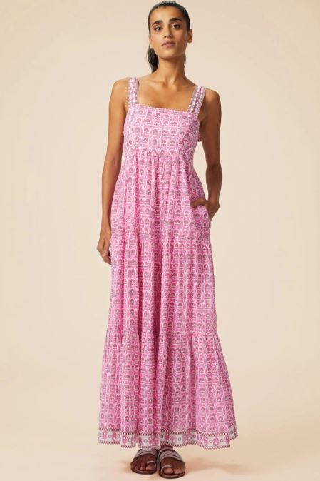 Pink Block Printed Cotton Maxi Dress | Halter Neck Smocked Tiered Long Dress with Back Tie Bows – Breathable Bohemian Ethnic Fusion Wear for Women