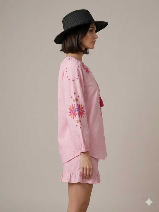 Pink Floral Embroidered Cotton Top & Ruffled Shorts 2 PICES SET