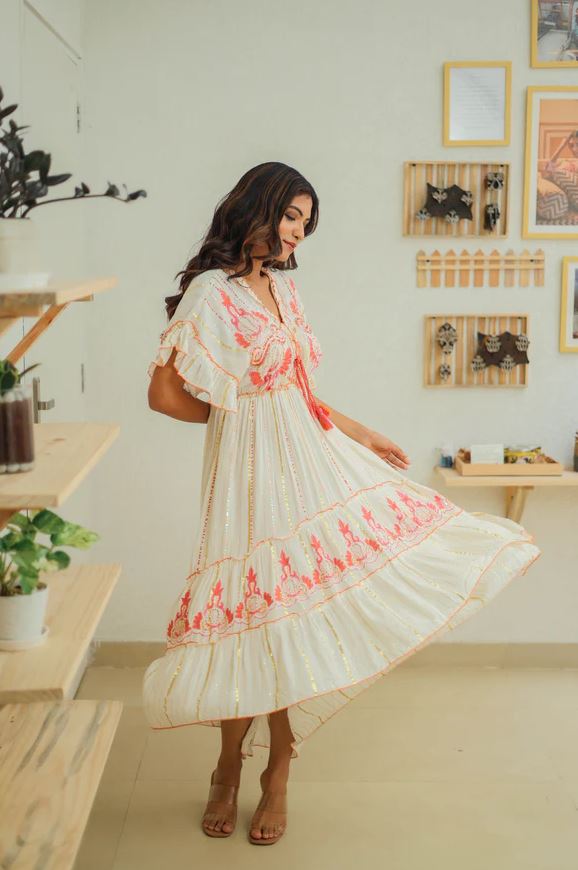 Coral Orange Sequin Embroidered Cotton Boho Maxi Dress | Flutter Ruffle Sleeve Tiered Tassel Beach Vacation Kaftan | Summer Resort Boho Chic Dress for Women