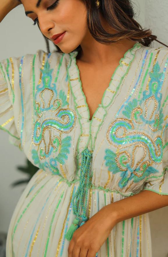 Turquoise Green Sequin Embroidered Cotton Boho Kaftan Maxi Dress | Flutter Sleeve Tiered Ruffle Tassel Beach Vacation Dress with Gold Stripes | Summer Resort Boho Chic for Women