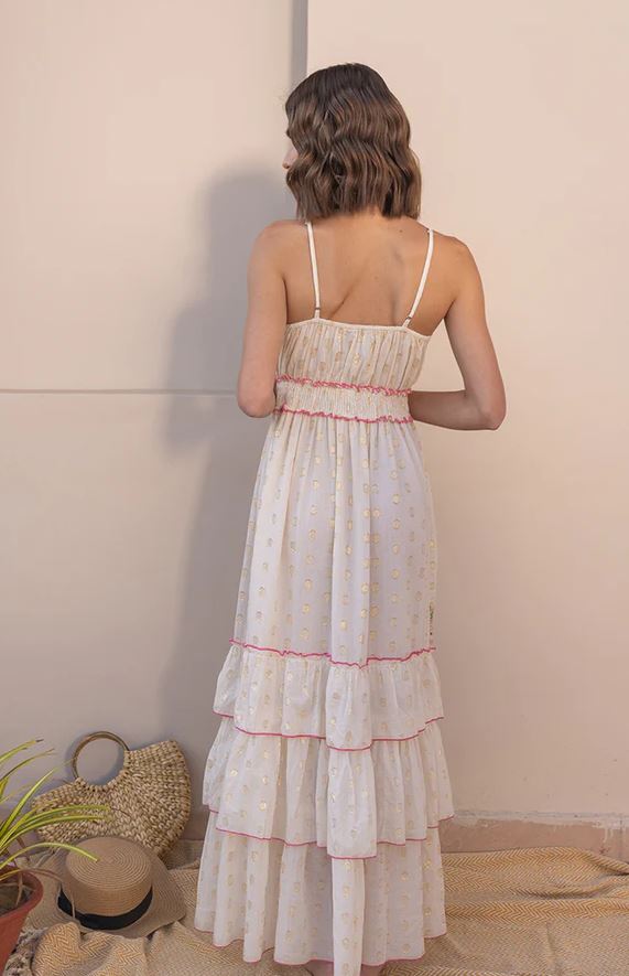 White Floral Embroidered Tiered Boho Maxi Dress | Cotton Spaghetti Strap Sun Dress with Mirror Work Tassel Tie | Summer Beach Vacation Boho Dress for Women