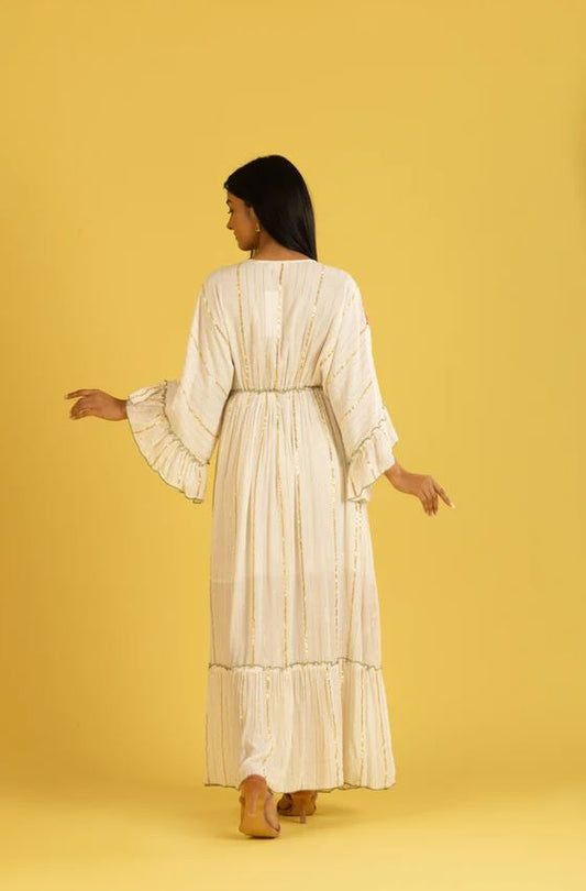 Boho White Pink Floral Embroidered Cotton Maxi Kaftan Dress | Mirror Sequin Ruffle Tassel Beach Vacation Dress with Pink & Green Embroidery | Summer Boho Chic Resort Wear for Women
