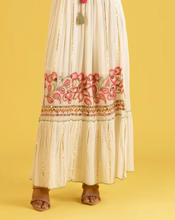 Boho White Pink Floral Embroidered Cotton Maxi Kaftan Dress | Mirror Sequin Ruffle Tassel Beach Vacation Dress with Pink & Green Embroidery | Summer Boho Chic Resort Wear for Women