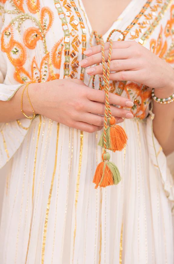 White Orange Paisley Boho Maxi Dress | Hand-Embroidered Cotton Tiered Gown with Mirror Work, Ruffle Sleeves & Tassel Tie | Summer Festival Resort Dress