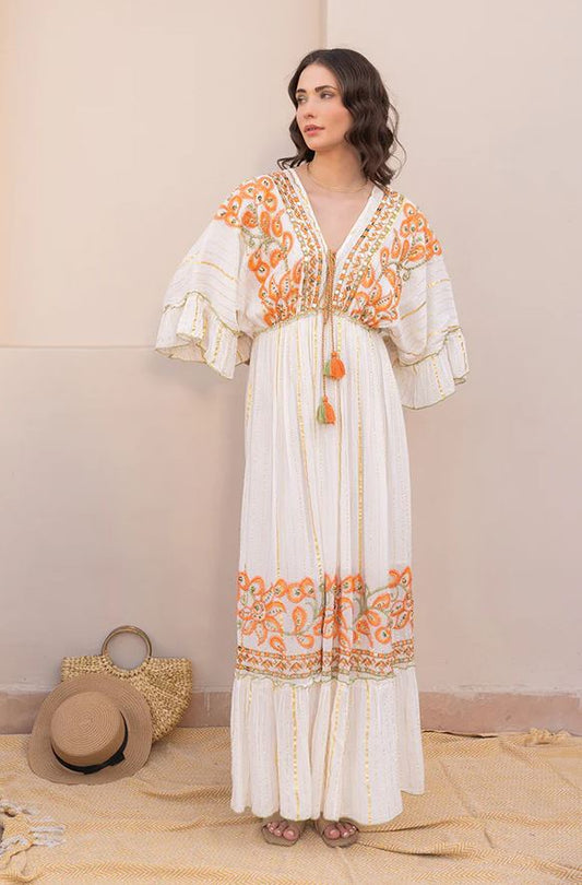 White Boho Maxi Dress | Orange Paisley Hand-Embroidered Cotton Tiered Gown with Mirror Work & Tassel Tie | Flowy Resort Festival Dress