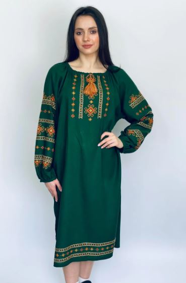Women's Green Hand-Embroidered Cotton Midi Dress – Traditional Folk Embroidery with Tassel & Woven Belt | Bohemian Ethnic Fashion