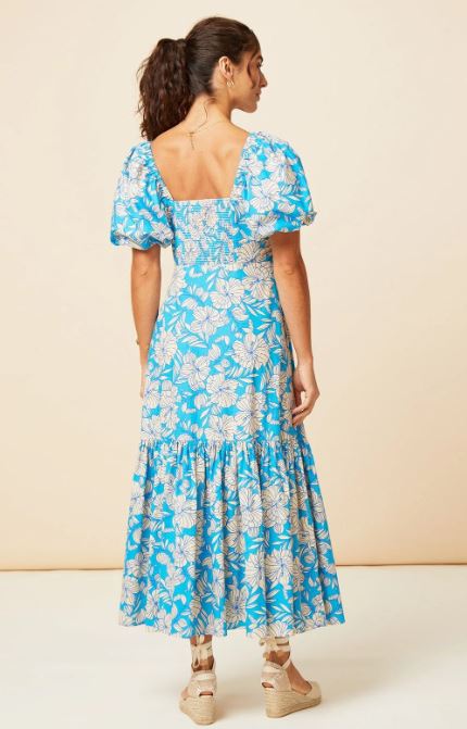 Vibrant Blue Floral Cotton Puff Sleeve Midi Dress – Summer Boho Chic