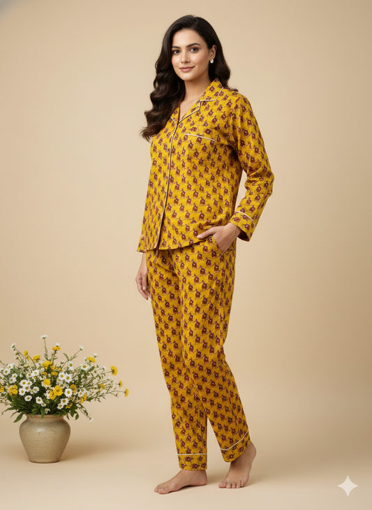 Pikaru Fashion Handmade Cotton Block Print Pajama Set | Boho Loungewear for Women | Breathable Organic Cotton Nightwear PJ Set with Matching Pouch