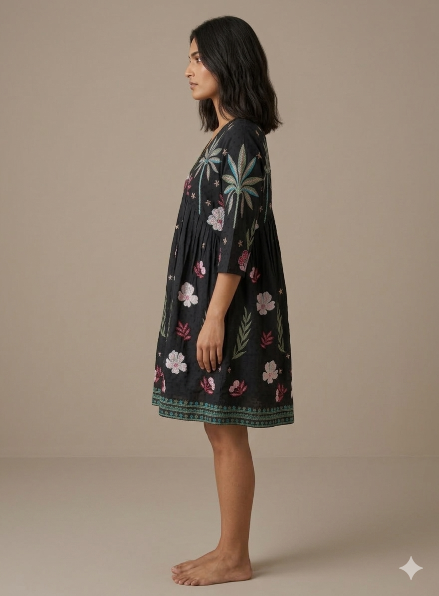Black Cotton Palm Tree Embroidered Mini Dress