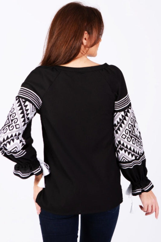 Hand-Embroidered Black Geometric Folk Cotton Blouse – Puff Sleeve Boho Top with Tassels