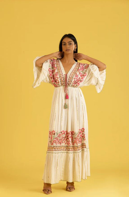 White Pink Floral Embroidered Bell Sleeve Boho Maxi Dress | Cotton Tassel Tie Tiered Festival Resort Wear