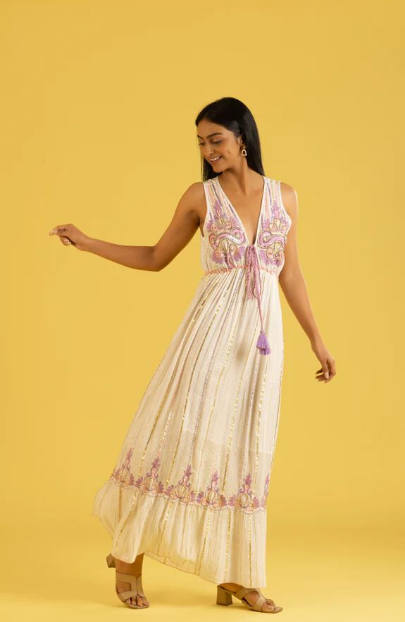 White Purple Gold Embroidered Sleeveless Boho Maxi Dress | Cotton Tassel Tie Tiered Festival Resort Wear