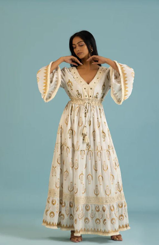 White Gold Block Print Bell Sleeve Boho Maxi Dress | Cotton Lace Smocked Tassel Tiered Dress | Festival Resort Wear