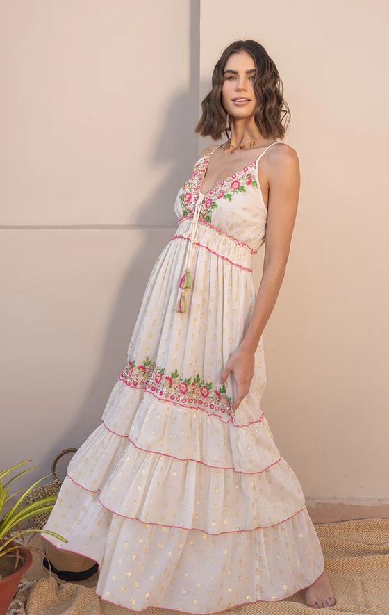 White Floral Embroidered Tiered Boho Maxi Dress | Cotton Tassel Tie Sundress | Festival Resort Vacation Wear