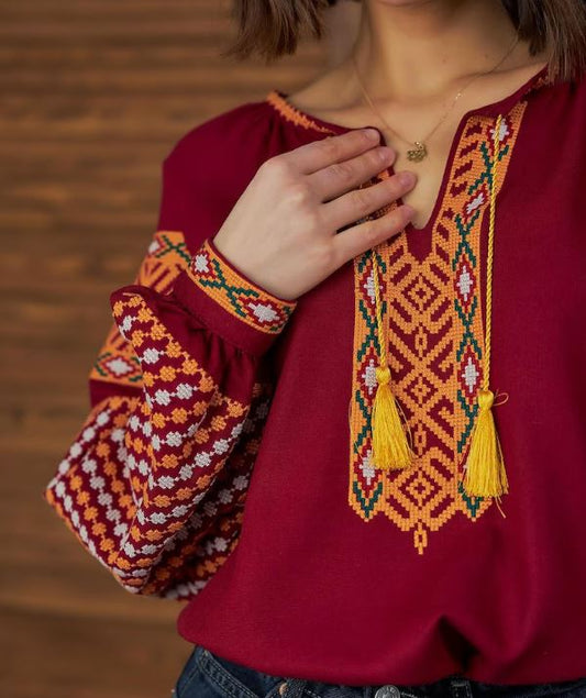 Maroon Embroidered Cotton Blouse for Women - Boho Folk Tassel Top