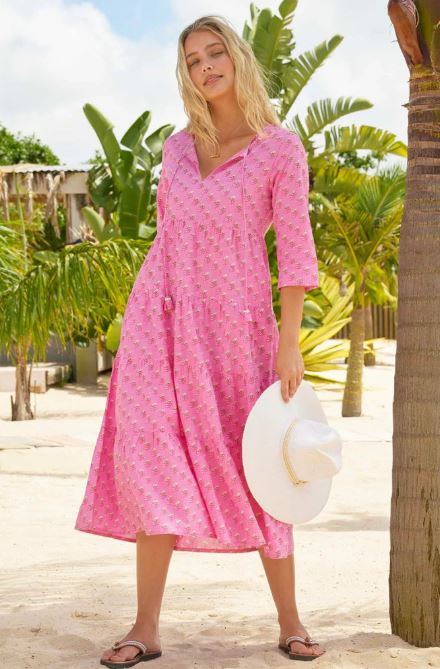 Pink Embroidered Cotton Midi Dress – Beach Vacation Resort Wear