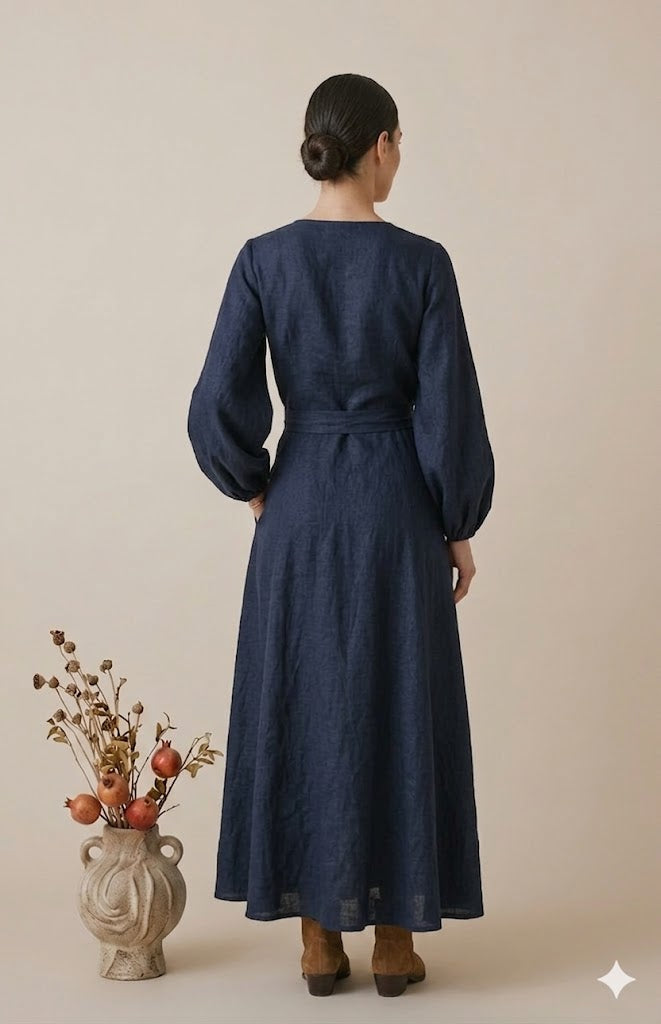 Navy Blue Linen Wrap Maxi Dress
