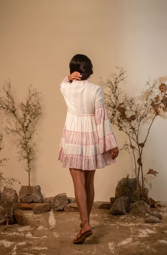 Boho Pink & White Striped Cotton Mini Dress - Tiered Ruffle Bell Sleeve Sundress with Tassel Ties, Chevron Embroidery & Smocked Waist | Women's Festival, Beach & Resort Vacation Wear