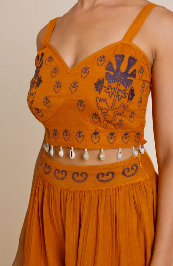 Boho Mustard Orange Cotton Co-ord Set - Embroidered Crop Top & Harem Balloon Pants with Shell Belt, Blue Tribal Print & Smocked Waist | Women's Festival, Resort & Vacation Two-Piece Outfit