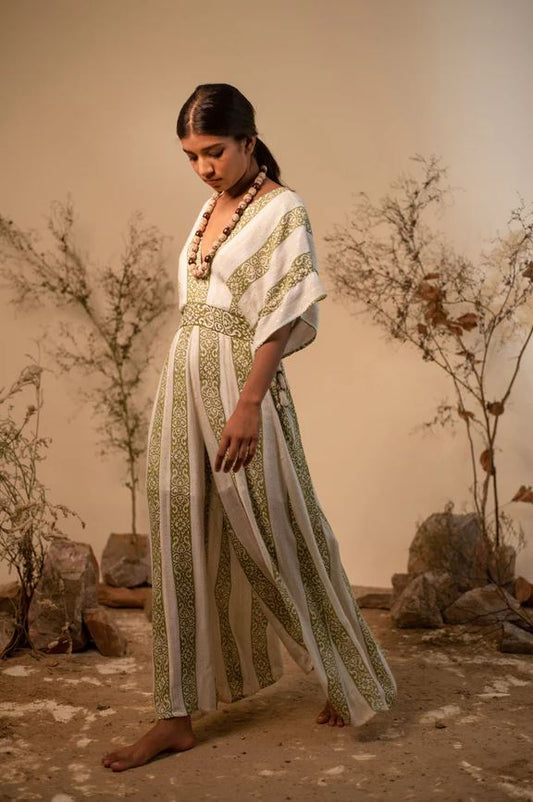 Boho Green & White Striped Cotton Wide-Leg Jumpsuit - Deep V-Neck Kimono Sleeve Palazzo Jumpsuit with Open Back Tassel Ties & Smocked Waist | Women's Festival, Resort & Vacation Wear
