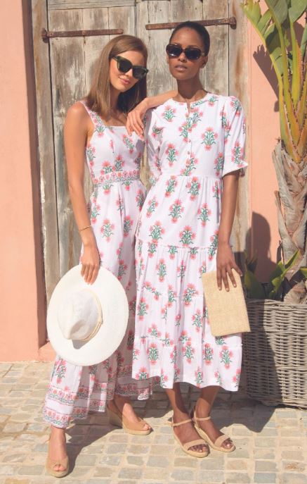 Women's White Pink Floral Block Print Cotton Midi Dress | Tiered Boho Maxi Dress with Puff Sleeves | Handcrafted Indian Block Print Summer Vacation Resort Wear