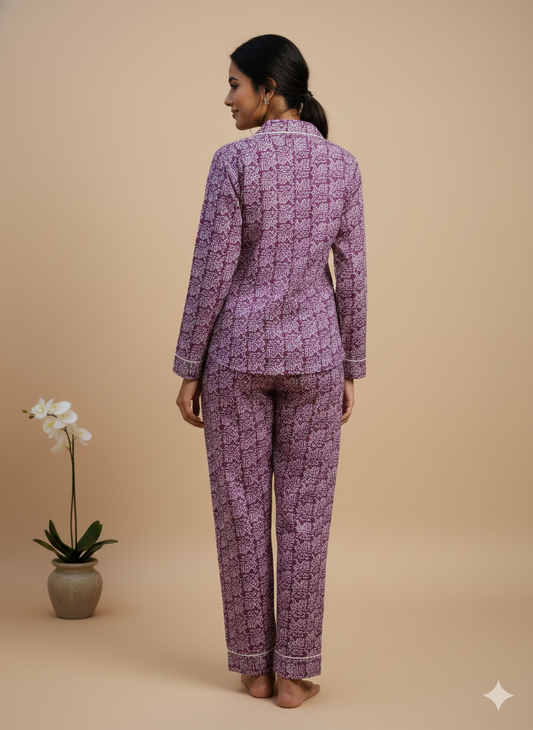 Luxury Hand-Block Print Cotton Pajama Set | 100% Organic Cotton Sleepwear for Women | Boho Loungewear with Matching Travel Pouch