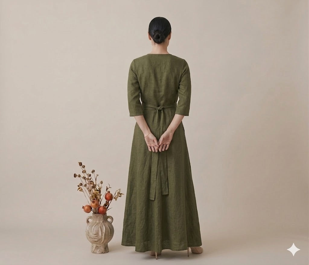 Olive Green Linen Wrap Maxi Dress