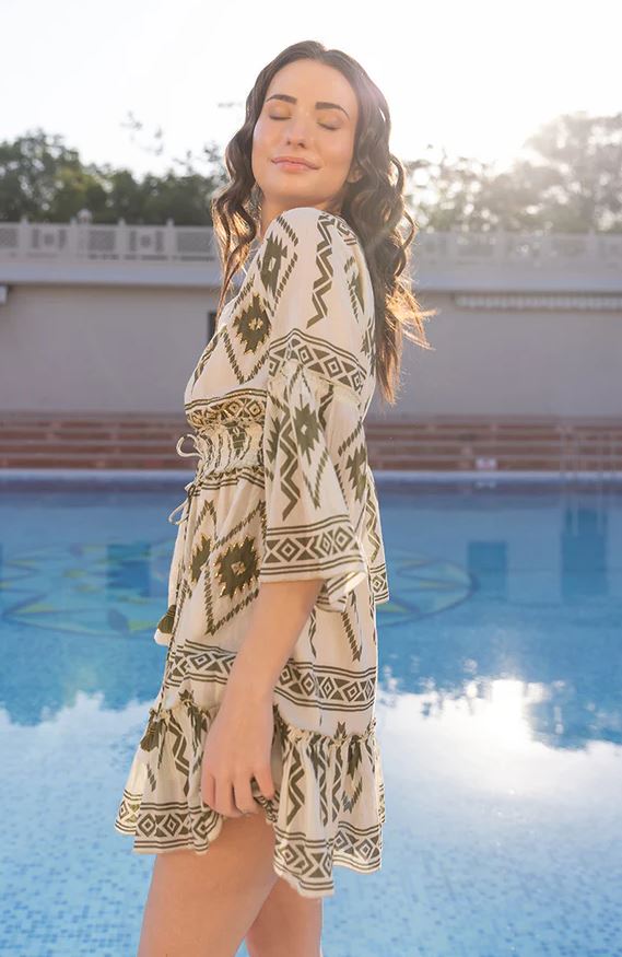 Boho Chic Olive Green Geometric Cotton Mini Dress - Gold Sequin Aztec Print Smocked Waist Bell Sleeve Sundress with Tassel Ties | Women's Festival, Resort & Beach Vacation Wear