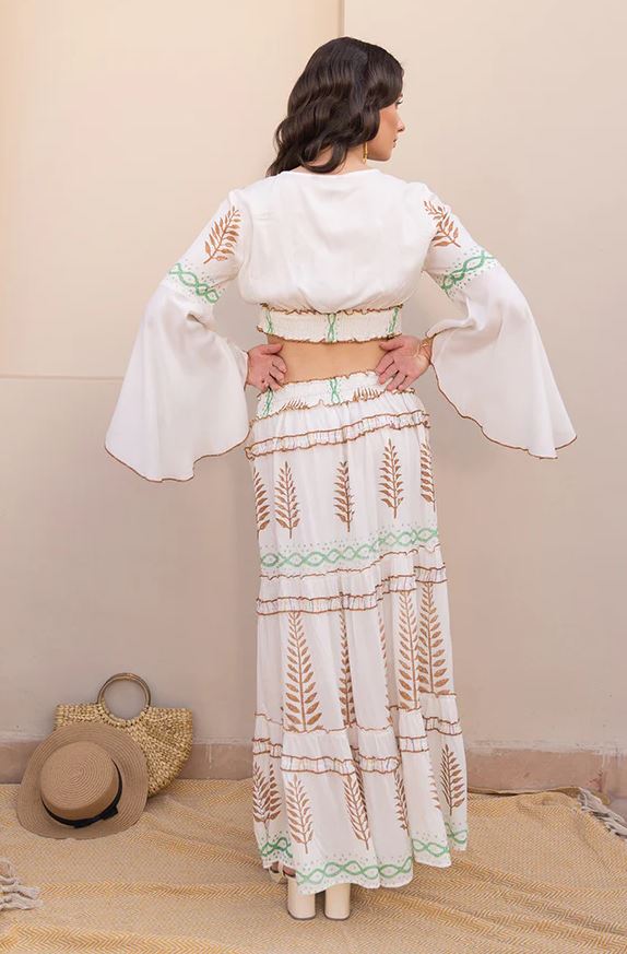 Boho White Cotton Two-Piece Set - Embroidered Crop Top & Tiered Maxi Skirt with Leaf Print, Tassel Ties & Bell Sleeves | Women's Festival, Beach & Resort Co-ord Outfit