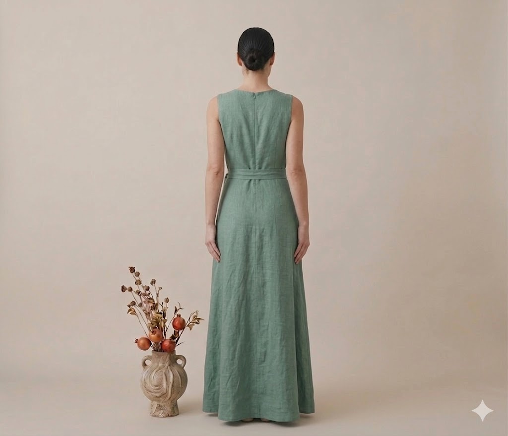 Sage Green Linen Sleeveless Wrap Maxi Dress