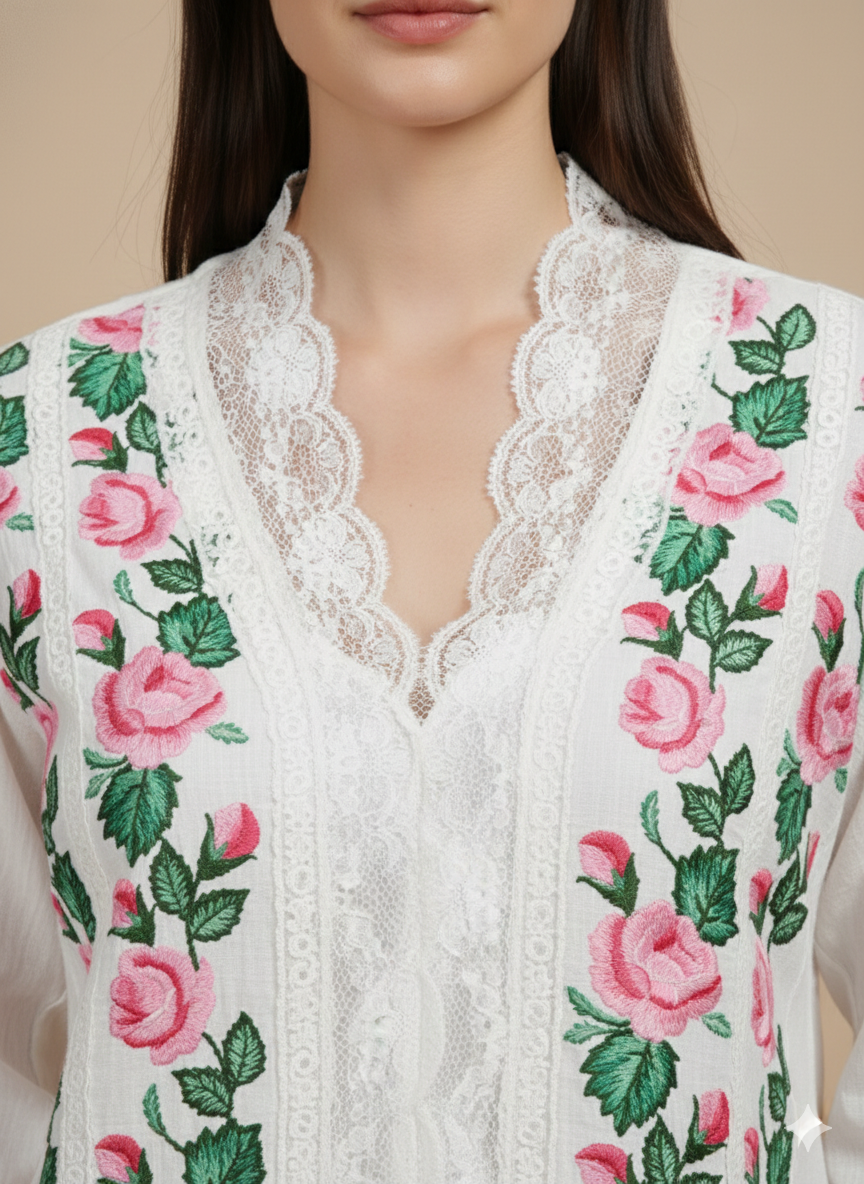 Pikaru Fashion Romantic Floral Embroidered Lace Top | Elegant V-Neck Boho Blouse for Women | Valentine's Day Special White Cotton Tunic | Long Sleeve Victorian Style Top for Spring & Summer