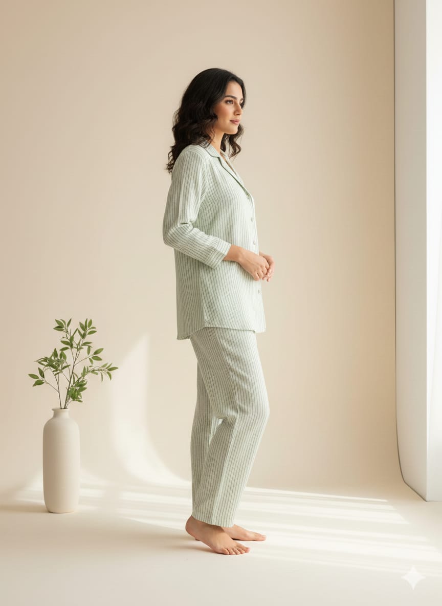 Women's Sage Green Striped 100% Cotton Pajama Set