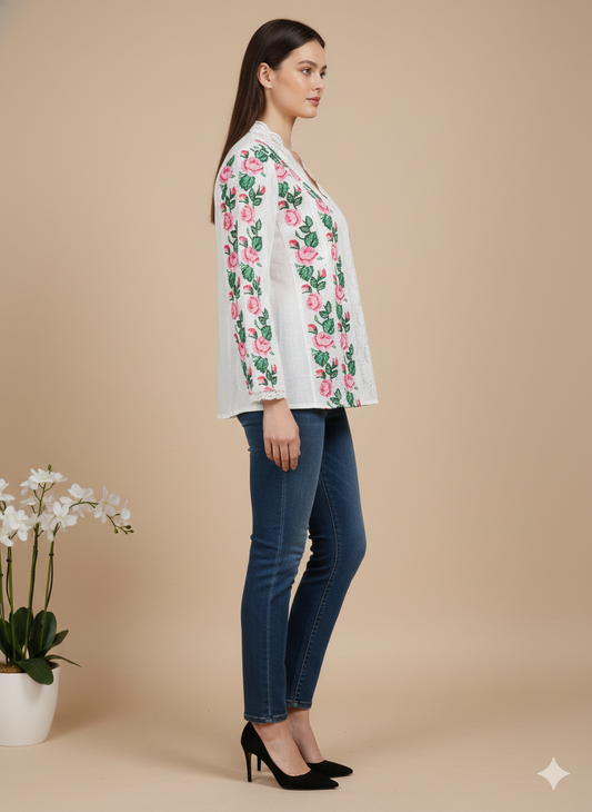 Pikaru Fashion Romantic Floral Embroidered Lace Top | Elegant V-Neck Boho Blouse for Women | Valentine's Day Special White Cotton Tunic | Long Sleeve Victorian Style Top for Spring & Summer