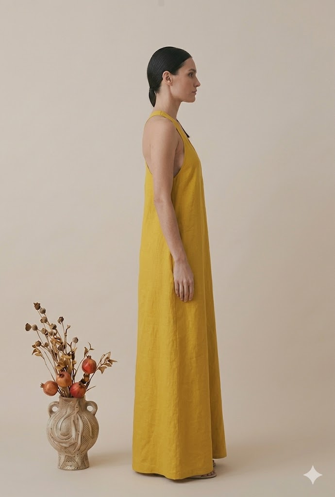 Mustard Yellow Linen Halter Neck Maxi Dress | V-Neck Sleeveless
