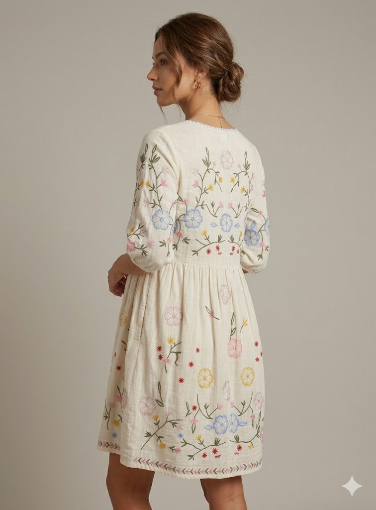 Cream Cotton Wildflower Embroidered Maxi Dress