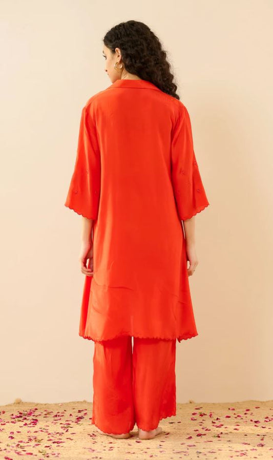 Vibrant Red Sunflower Embroidered Cotton Co-Ord Set for Women | Handcrafted Sunflower Kurta & Pants | Breathable Indian Ethnic Wear