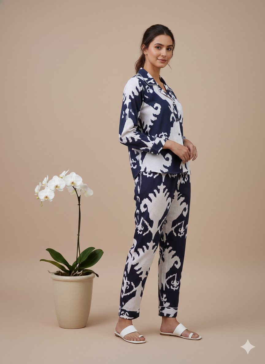 Luxury Indigo Floral Hand-Block Print Pajama Set | 100% Organic Cotton Sleepwear | Women's Artisan Loungewear with Matching Pouch