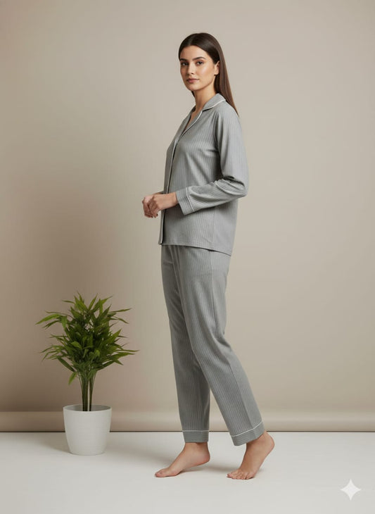 Women’s Grey Striped Cotton Pajama Set – Soft Button-Down Nightwear