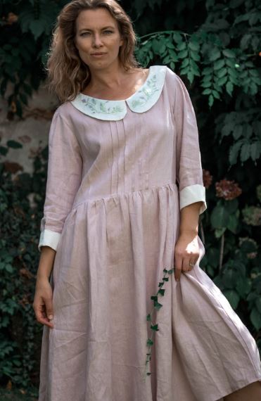 Light Pink Hand-Embroidered Cotton Midi Dress for Women – Peter Pan Collar Cottagecore Folk Dress