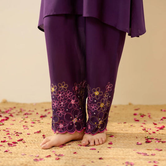 Vibrant Purple Multi-Color Floral Embroidered Cotton Co-Ord Set for Women | Handcrafted Bell Sleeve Kurta & Pants | Breathable Indian Ethnic We