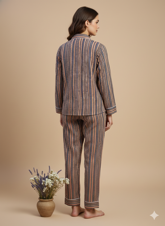 Luxury Indigo Floral Hand-Block Print Pajama Set | 100% Organic Cotton Sleepwear | Women's Artisan Loungewear with Matching Pouch