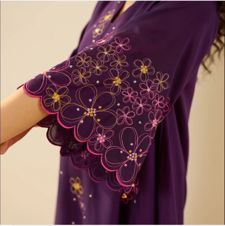 Vibrant Purple Multi-Color Floral Embroidered Cotton Co-Ord Set for Women | Handcrafted Bell Sleeve Kurta & Pants | Breathable Indian Ethnic We