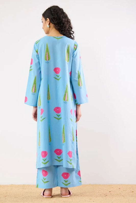 Sky Blue Floral Printed Cotton Kurta Palazzo Set | Embroidered V-Neck Co-ord Set for Women – Breathable Summer Ethnic Wear