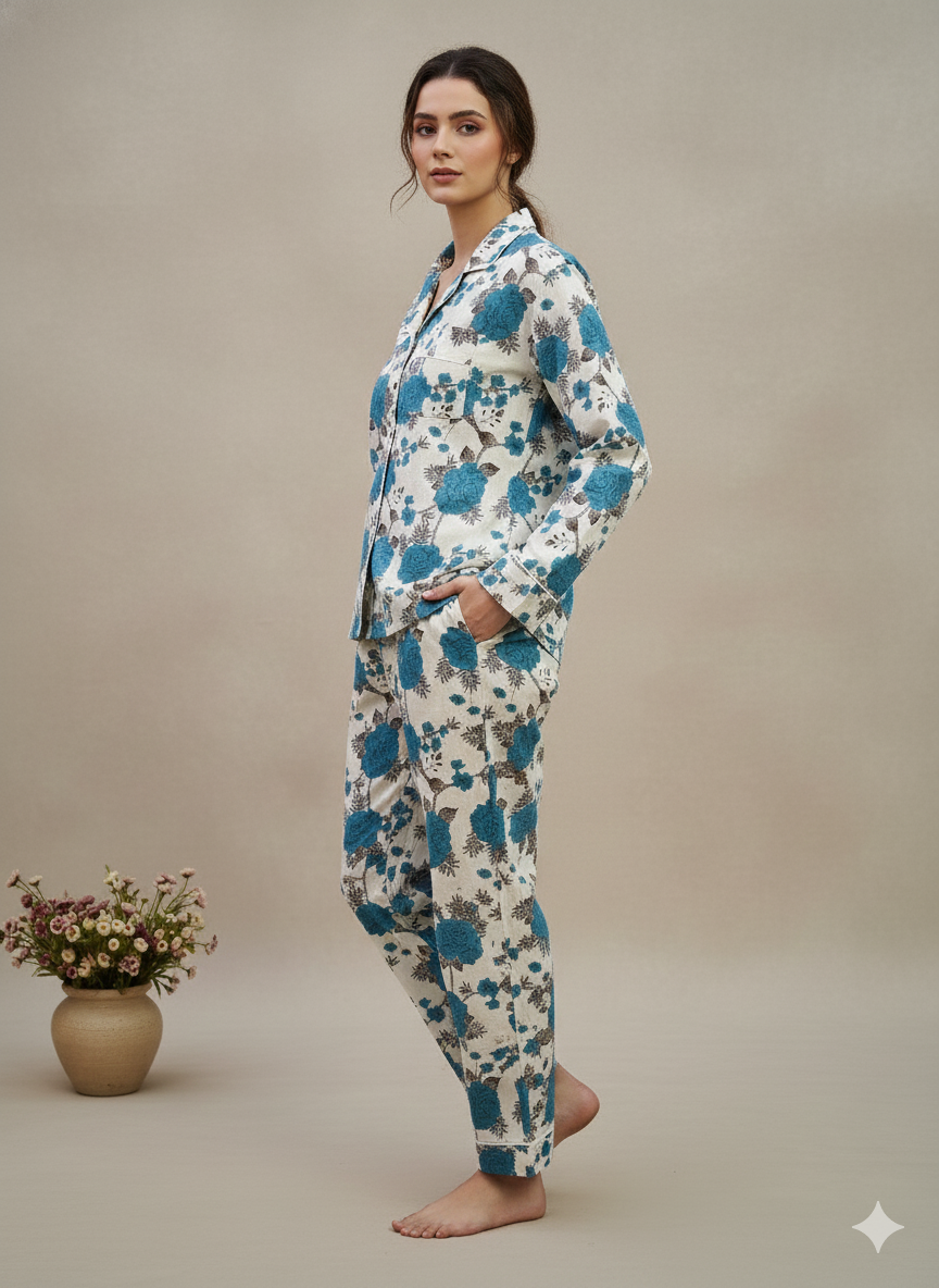 Luxury Indigo Floral Hand-Block Print Pajama Set | 100% Organic Cotton Sleepwear | Women's Artisan Loungewear with Matching Pouch